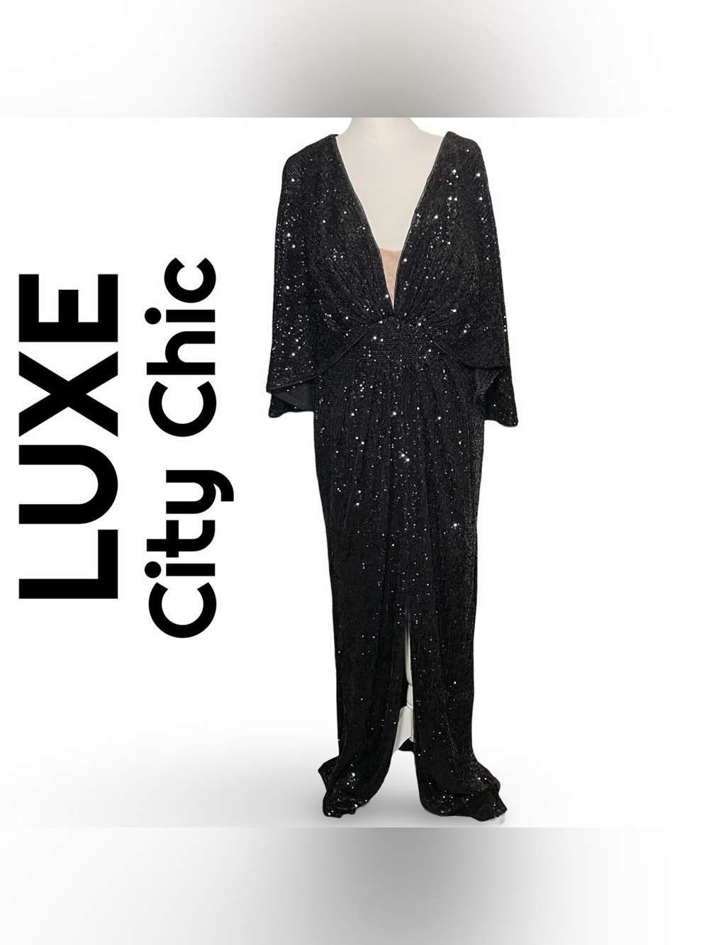 CITY CHIC LUXE Sofia Sequins Maxi Dress, Front Slit, Batwing Sleeves, Size 14 ￼